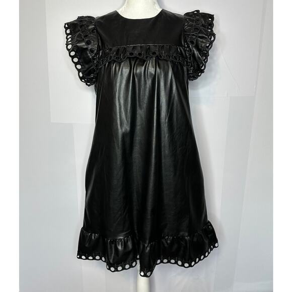 Stellah NWT $168 Small Black Faux Leather Goth Punk Alt Eyelet Babydoll Dress - Picture 2 of 14